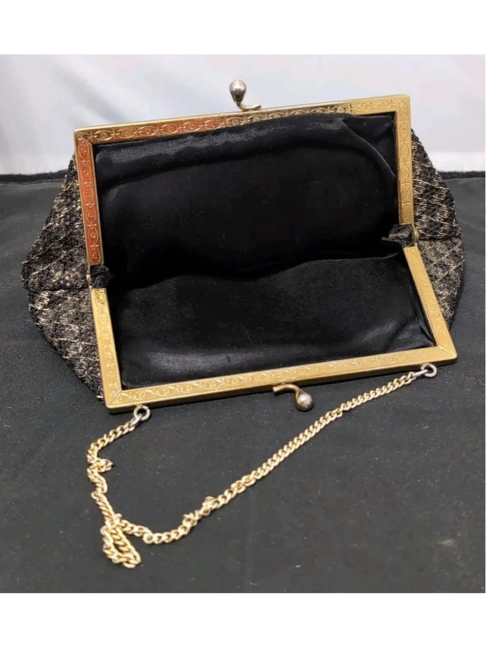Vintage 50s 60s Geometric Gold Metallic Black Purse Evening Bag Embroider Clutch